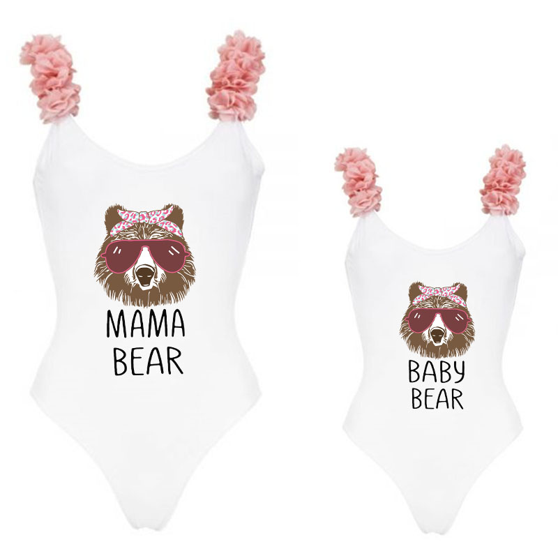 Mommy and Me Bathing Suits Bear With Glasses Mama Mini Flower Shoulder Backless Swimsuits