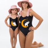 Mommy and Me Bathing Suits Elephant Moon Mama And Mini Flower Shoulder Backless Swimsuits