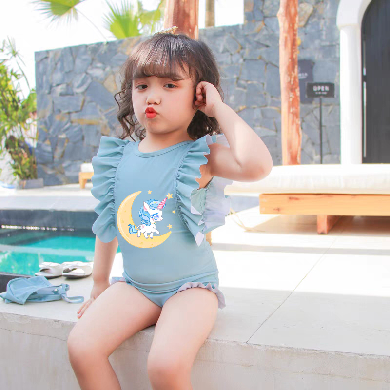Girls Bathing Suits Unicorn Moon One Piece Ruffled Cuff Swimsuits