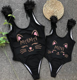 Mommy and Me Bathing Suits Cat Smile Feather Shoulder Backless Swimsuits