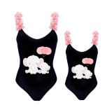 Mommy and Me Bathing Suits Elephants With Balloons Mama And Mini Flower Shoulder Backless Swimsuits