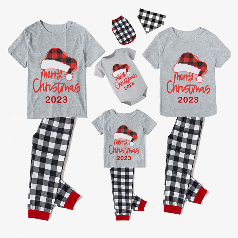 2023 Christmas Matching Family Pajamas Red Plaids Christmas Hat Merry Christmas Letter Gray Short Pajamas Set With Baby Pajamas