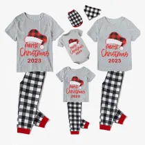 2023 Christmas Matching Family Pajamas Red Plaids Christmas Hat Merry Christmas Letter Gray Short Pajamas Set With Baby Pajamas
