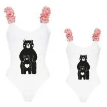 Mommy and Me Bathing Suits Bear Babies Mama Mini Flower Shoulder Backless Swimsuits