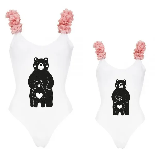 Mommy and Me Bathing Suits Bear Babies Mama Mini Flower Shoulder Backless Swimsuits