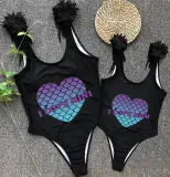 Mommy and Me Bathing Suits Mermaid Love Mama And Mini Feather Shoulder Backless Swimsuits