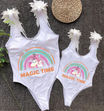 Mommy and Me Bathing Suits Unicorn Magic Time Feather Shoulder Backless Swimsuits