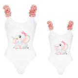 Mommy and Me Bathing Suits Cute Elephants Mama And Mini Flower Shoulder Backless Swimsuits