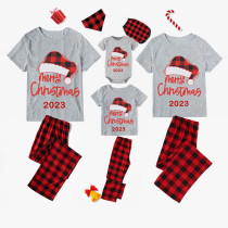 2023 Christmas Matching Family Pajamas Red Plaids Christmas Hat Merry Christmas Letter Gray Pajamas Set With Baby Pajamas