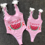 Mommy and Me Bathing Suits Sweet Watermelon Mama And Mini Feather Shoulder Backless Swimsuits