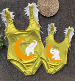 Mommy and Me Bathing Suits Elephant Moon Mama And Mini Feather Shoulder Backless Swimsuits