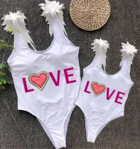 Mommy and Me Bathing Suits Love Watermelon Mama And Mini Feather Shoulder Backless Swimsuits