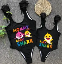 Mommy and Me Bathing Suits Mommy Baby Shark Feather Shoulder Backless Swimsuits