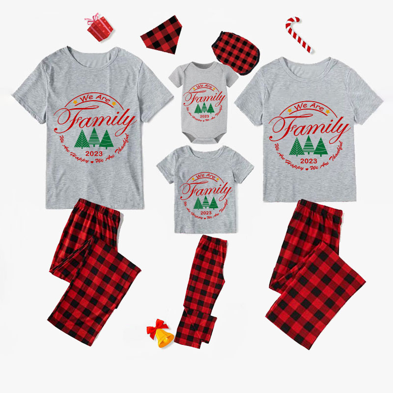 2023 Christmas Matching Family Pajamas Exclusive We Are Family Wreath Xmas Tree Gray Short Pajamas Set