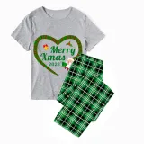 2023 Christmas Matching Family Pajamas Santa Heart Merry Xmas Gray Short Green Pants Pajamas Set
