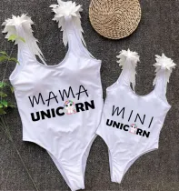 Mommy and Me Bathing Suits Unicorn Slogan Feather Shoulder Backless Swimsuits