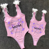 Mommy and Me Bathing Suits Butterfly Mama And Mini Feather Shoulder Backless Swimsuits