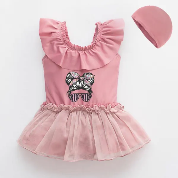 Girls Bathing Suits Kid Sunglasses Head One Piece Lace Collar Swimsuits
