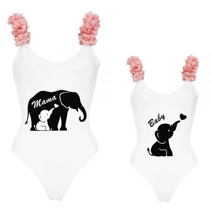 Mommy and Me Bathing Suits Elephant Mama And Mini Flower Shoulder Backless Swimsuits