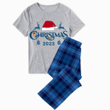 2023 Christmas Matching Family Pajamas Exclusive Design Merry Christmas Reindeer Hat Blue Short Pajamas Set