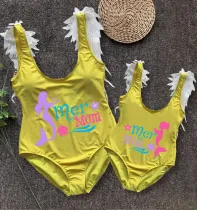 Mommy and Me Bathing Suits Mermama Mermini Feather Shoulder Backless Swimsuits