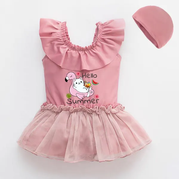 Girls Bathing Suits Hello Summer One Piece Lace Collar Swimsuits