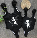 Mommy and Me Bathing Suits Angel Mama Mini Feather Shoulder Backless Swimsuits
