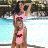 Mommy and Me Bathing Suits Red Bear Mama Mini Feather Shoulder Backless Swimsuits