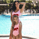 Mommy and Me Bathing Suits Red Bear Mama Mini Feather Shoulder Backless Swimsuits