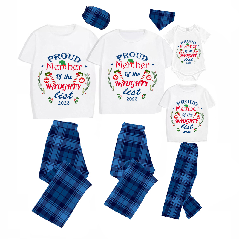 2023 Proud Member OF Naughty List White Christmas Blue Short Set Matching Family Pajamas Set