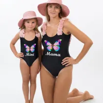 Mommy and Me Bathing Suits Butterfly Mama And Mini Flower Shoulder Backless Swimsuits