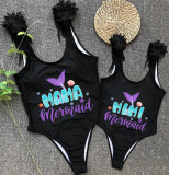Mommy and Me Bathing Suits Mermaid Mama And Mini Feather Shoulder Backless Swimsuits