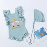 Girls Bathing Suits Birthday Girl Unicorn One Piece Ruffled Cuff Swimsuits