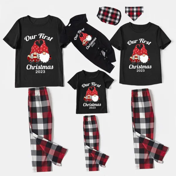 2023 Christmas Matching Family Pajamas Our First Christmas Gnomes Black Short Pajamas Set