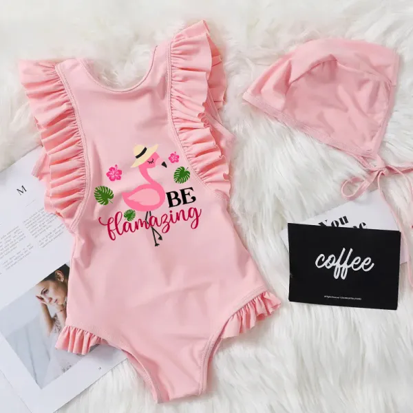 Girls Bathing Suits Be Flamazing Flamingo One Piece Ruffled Cuff Swimsuits