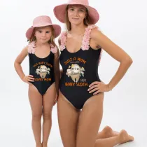 Mommy and Me Bathing Suits Sloth Love Mama Mini Flower Shoulder Backless Swimsuits