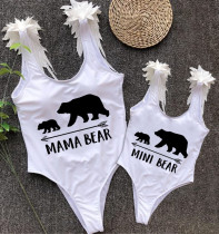 Mommy and Me Bathing Suits Polar Bear Mama Mini Feather Shoulder Backless Swimsuits