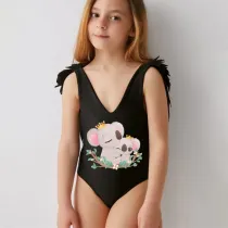 Mommy and Me Bathing Suits Koala Mama Mini Feather Shoulder Backless Swimsuits