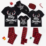 2024 Merry Christmas Antler Matching Family Pajamas Luminous Glowing Slogan Christmas Pajamas Set