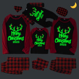 2023 Merry Christmas Antler Christmas Matching Family Pajamas Luminous Glowing Red Pajamas Set