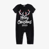 2024 Christmas Matching Family Pajamas Luminous Glowing Merry Christmas Antler Black Short Pajamas Set