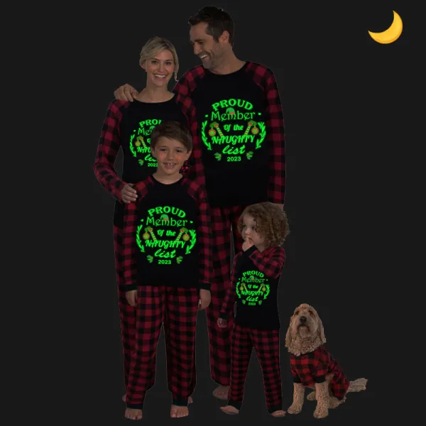 2023 Christmas Matching Family Pajamas Luminous Glowing Proud Member Of The Naughty List Black Pajamas Set