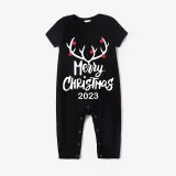 2024 Merry Christmas Antler Matching Family Pajamas Luminous Glowing Slogan Christmas Pajamas Set