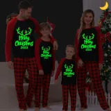 2024 Merry Christmas Antler Christmas Matching Family Pajamas Luminous Glowing Red Pajamas Set