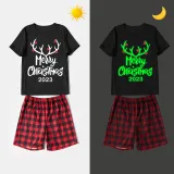 2024 Merry Christmas Antler Matching Family Pajamas Luminous Glowing Slogan Christmas Pajamas Set