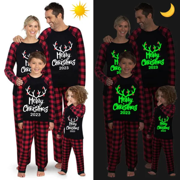 2024 Merry Christmas Antler Matching Family Pajamas Luminous Glowing Slogan Christmas Pajamas Set