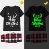 2023 Christmas Matching Family Pajamas Luminous Glowing Merry Christmas Antler Black Short Pajamas Set