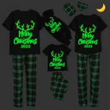 2024 Christmas Matching Family Pajamas Luminous Glowing Merry Christmas Antler Black Short Pajamas Set