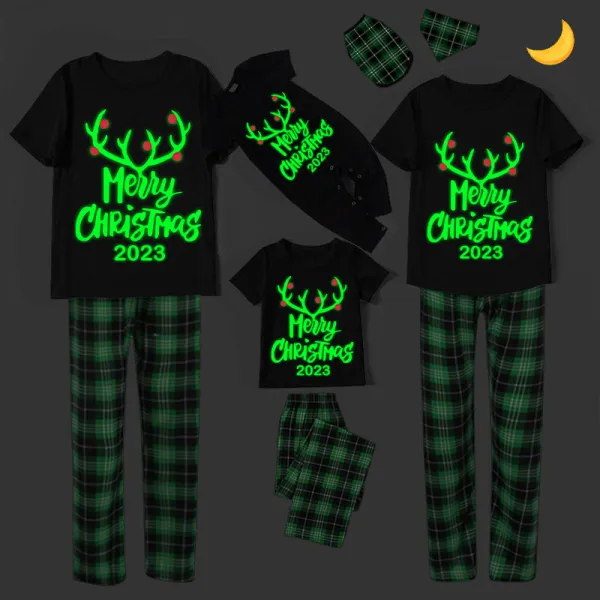 2024 Christmas Matching Family Pajamas Luminous Glowing Merry Christmas Antler Black Short Pajamas Set