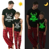 2024 Merry Christmas Antler Matching Family Pajamas Luminous Glowing Slogan Christmas Pajamas Set